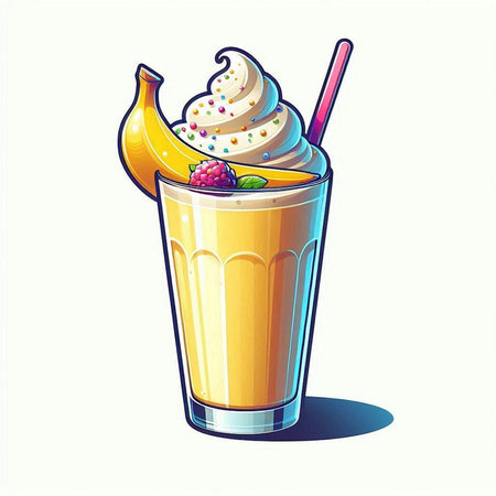 Vector illustration of a glass of mango smoothie with whipped cream and fresh berriesのイラスト素材