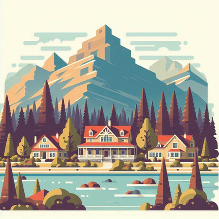 Mountain landscape with lake and houses. Vector illustration in flat styleのイラスト素材