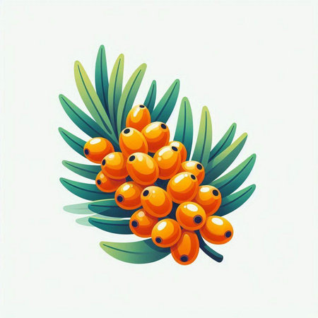 Sea buckthorn branch with berries. Vector illustration on white background.