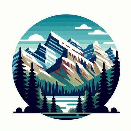 Mountain landscape with forest and lake. Vector illustration in retro style.のイラスト素材