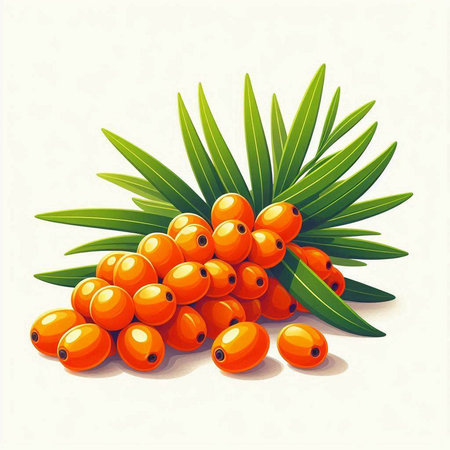 Sea buckthorn berries with leaves on white background. Vector illustration.のイラスト素材