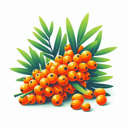 Sea buckthorn berries with green leaves on a white background.のイラスト素材