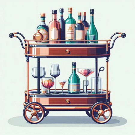 Illustration of a wine cart with bottles and glasses. Vector illustration.のイラスト素材