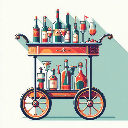 Vector illustration of a wine cart with bottles of wine and glasses.のイラスト素材