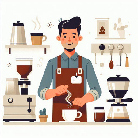Coffee shop concept. Male barista making coffee. Vector illustration in flat styleのイラスト素材