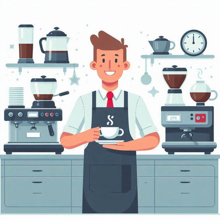 Male barista in apron with cup of coffee in hands. Vector illustrationのイラスト素材