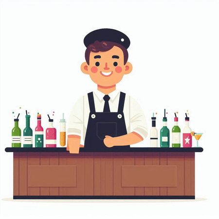 Bartender at the bar counter. Vector illustration in flat styleのイラスト素材