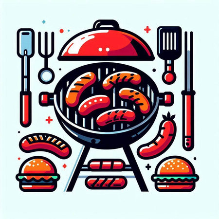 Barbecue grill with grilled sausages and burgers. Vector illustration.のイラスト素材