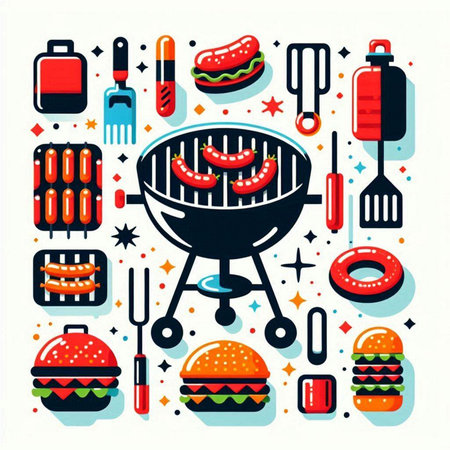 Barbecue party background with grill tools. Vector illustration in flat styleのイラスト素材