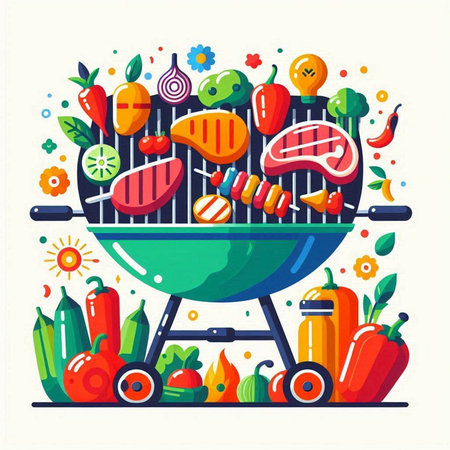 Vector illustration of barbecue grill with fresh vegetables and meat. Food in flat style.のイラスト素材