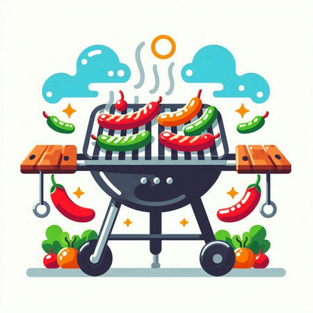 Barbecue grill with sausages and vegetables. Vector illustration.のイラスト素材