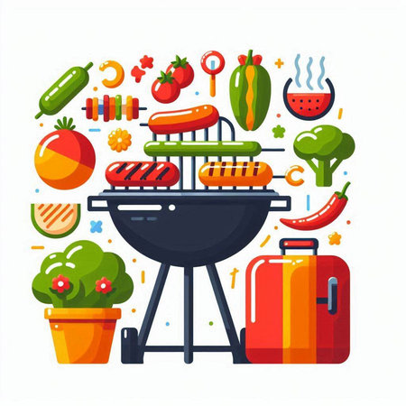 BBQ party concept. Vector illustration in flat design style. Barbecue grill, sausages, tomatoes, peppers, cucumbers, apples and other food on white background.のイラスト素材