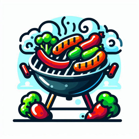 Barbecue grill with sausages and vegetables, vector illustration.のイラスト素材