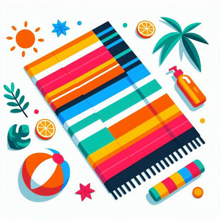 Beach towel and beach accessories. Vector illustration in flat style.のイラスト素材