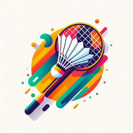 Badminton racket and shuttlecock on colorful background. Vector illustration.のイラスト素材