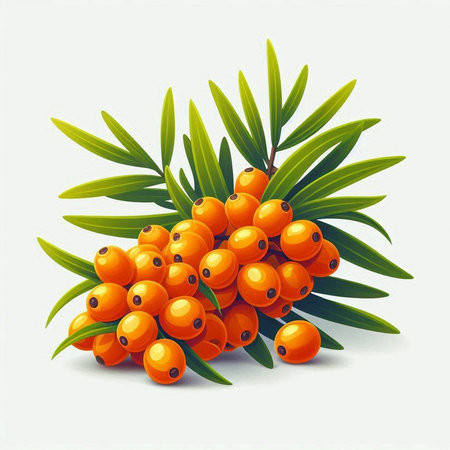 Sea buckthorn branch with berries and leaves. Vector illustration.のイラスト素材