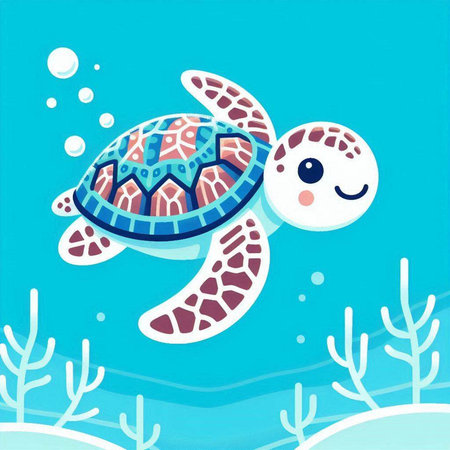 Cute cartoon sea turtle on a blue background, vector illustration.のイラスト素材
