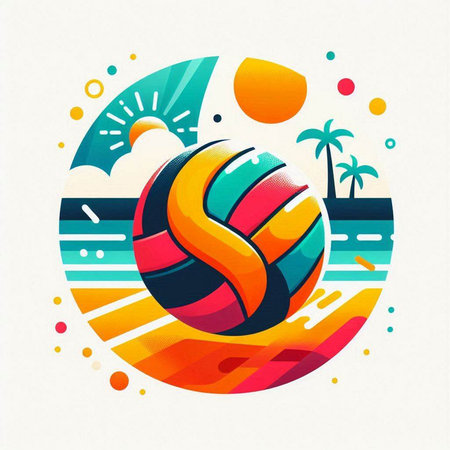 Colorful abstract vector illustration with volleyball ball and palm trees on the beachのイラスト素材