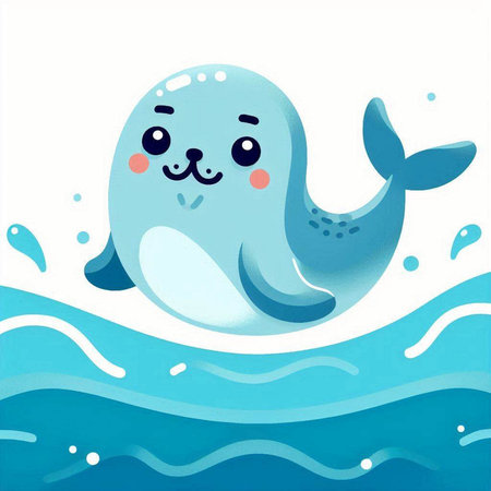 Cute blue whale in the sea. Vector illustration of a cartoon character.のイラスト素材