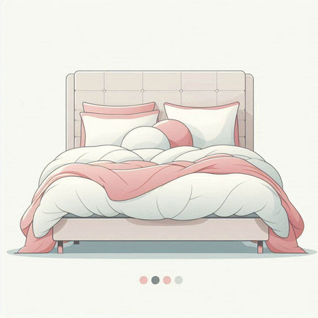 Illustration of a bed with two pillows and a pink blanketのイラスト素材