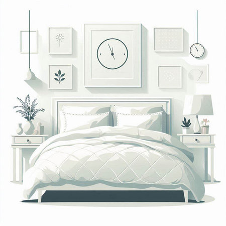 Bedroom interior with white linens, lamps and a clock. Vector illustration.のイラスト素材