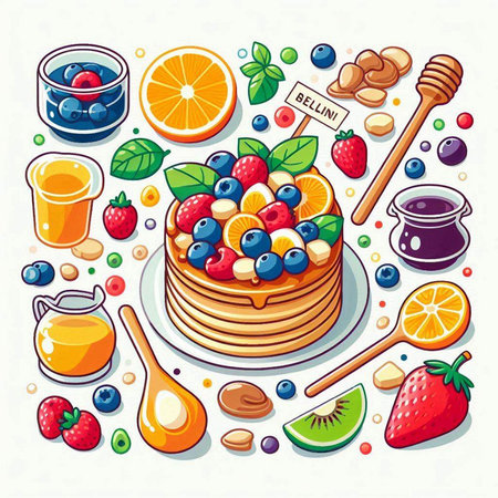 Cartoon illustration of pancakes with fruits and honey. Vector illustration.のイラスト素材