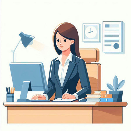 Business woman working in office. Vector illustration in flat cartoon style.のイラスト素材