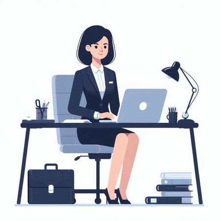 Businesswoman sitting at desk with laptop. Vector illustration in cartoon styleのイラスト素材