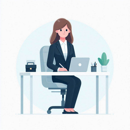 Businesswoman sitting at desk with laptop. Vector illustration in flat styleのイラスト素材