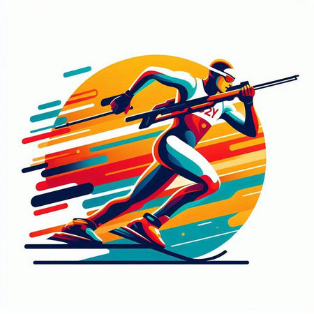 Cross-country skiing woman with snowboard, vector sport illustration.のイラスト素材