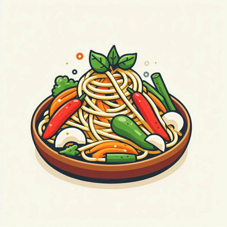 Spaghetti with vegetables. Vector illustration of spaghetti with vegetables in a bowl.のイラスト素材
