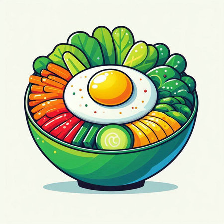 Bowl of vegetable salad with fried egg. Vector cartoon illustration.のイラスト素材