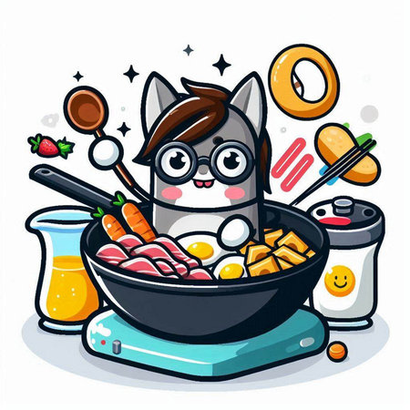 Kawaii dog with food on a scale. Vector illustration.のイラスト素材