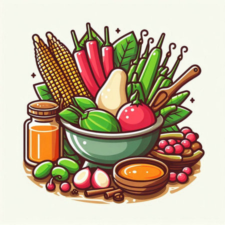 Vegetables and spices in bowl. Vector illustration of vegetarian food.のイラスト素材
