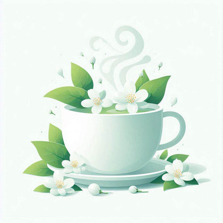 Cup of tea with jasmine flowers. Vector illustration.のイラスト素材