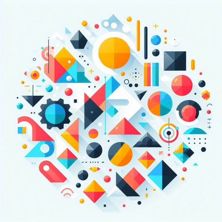 Abstract colorful geometric composition with circles, squares and triangles. Vector illustration.のイラスト素材