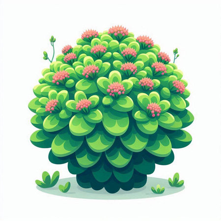 Green succulent plant with pink flowers isolated on white background. Vector illustration.のイラスト素材