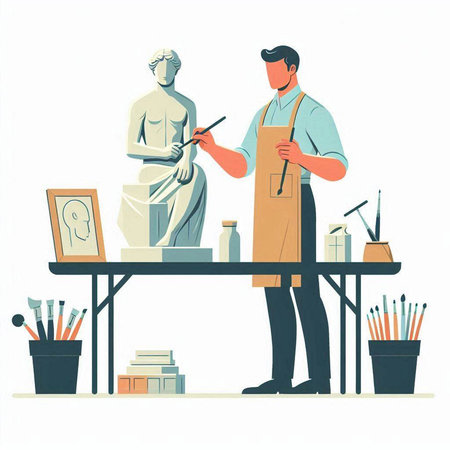 Painter working at the table in his studio. Vector illustration.のイラスト素材