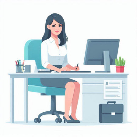 Illustration of a blue flower with green leaves on a white backgroundのイラスト素材