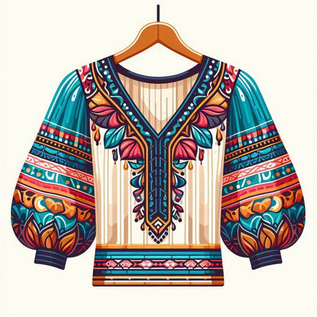 Vector illustration of ethnic blouse on hanger in retro style.のイラスト素材