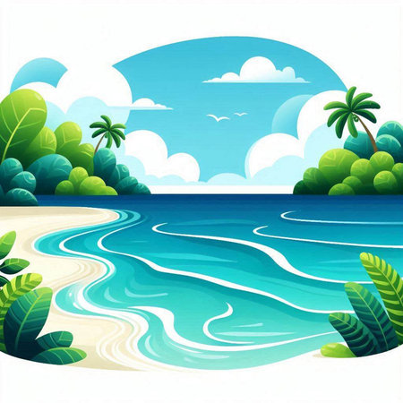 Tropical beach with palm trees and sand. Vector illustration.のイラスト素材
