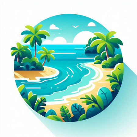 Beach with palm trees and sea waves. Vector flat illustration.のイラスト素材