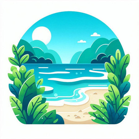 Beautiful summer landscape with beach and sea. Vector illustration in flat styleのイラスト素材