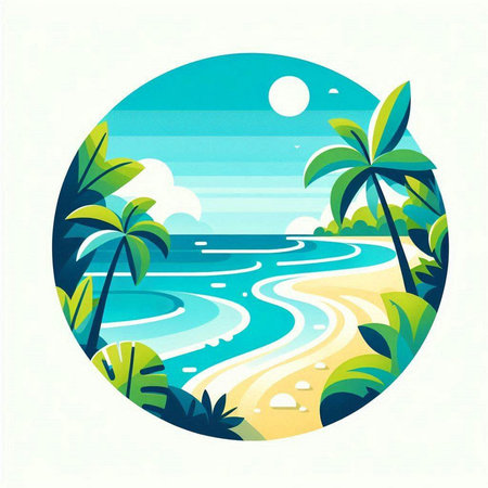 Tropical beach with palm trees. Vector illustration in flat styleのイラスト素材