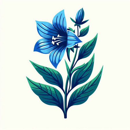 Illustration of a blue flower with green leaves on a white backgroundのイラスト素材