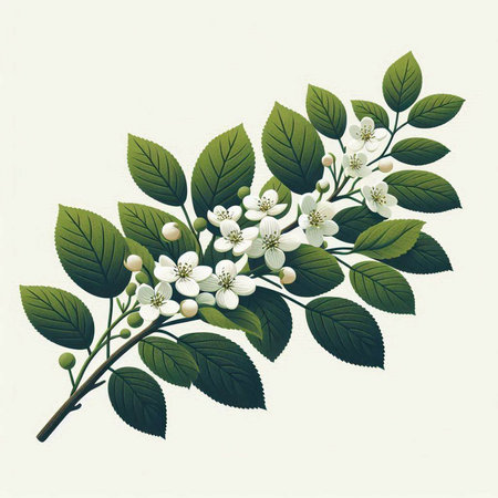 Vintage branch with white flowers and green leaves. Vector illustration.のイラスト素材