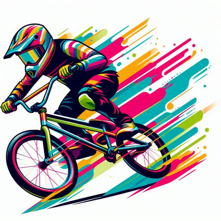 Cyclist Riding a Bike on Colorful Background. Vector illustrationのイラスト素材