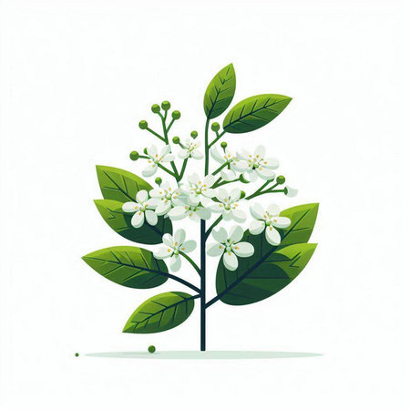 Cherry tree branch with white flowers and green leaves. Vector illustration.のイラスト素材