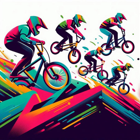 Bmx riders in action. Vector illustration. Grunge background.のイラスト素材