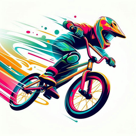 Vector illustration of a motocross rider in helmet riding a bicycleのイラスト素材